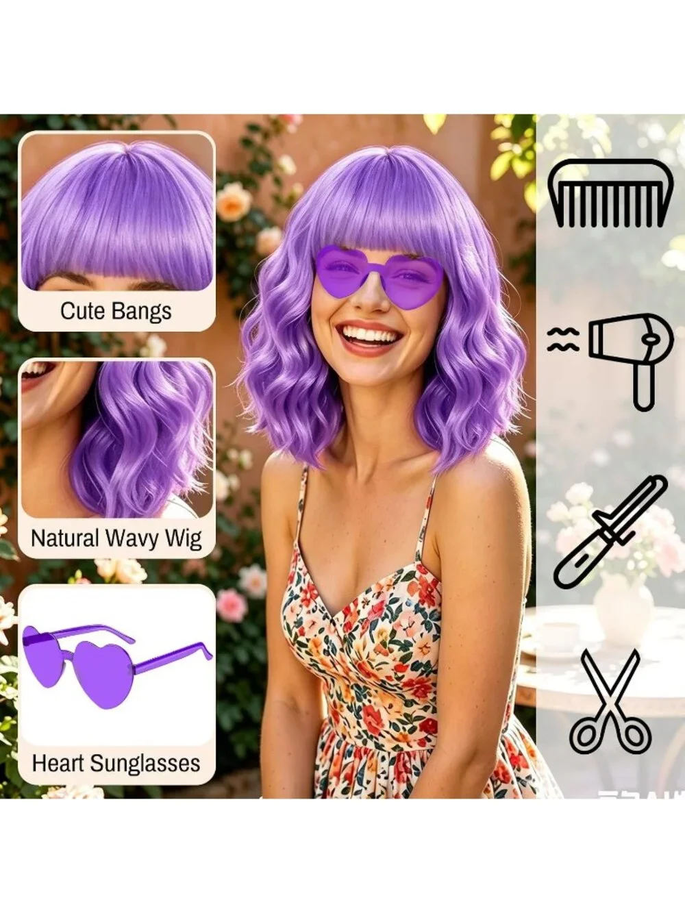Women's Lovely Pink Curly Bob Synthetic Wigs Bangs With Neon Heart Sunglasses